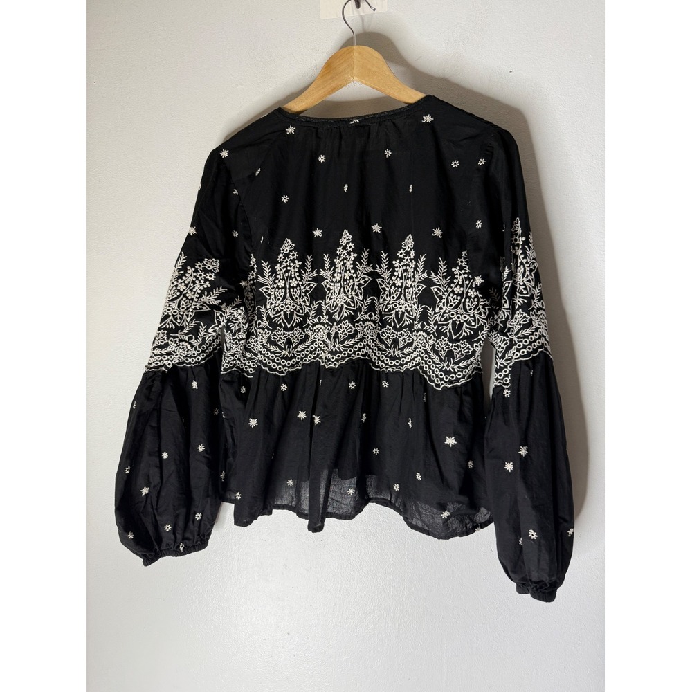Jennifer & Grace Black Embroidered Cotton Peasant Blouse Balloon Sleeve Large - Picture 2 of 4